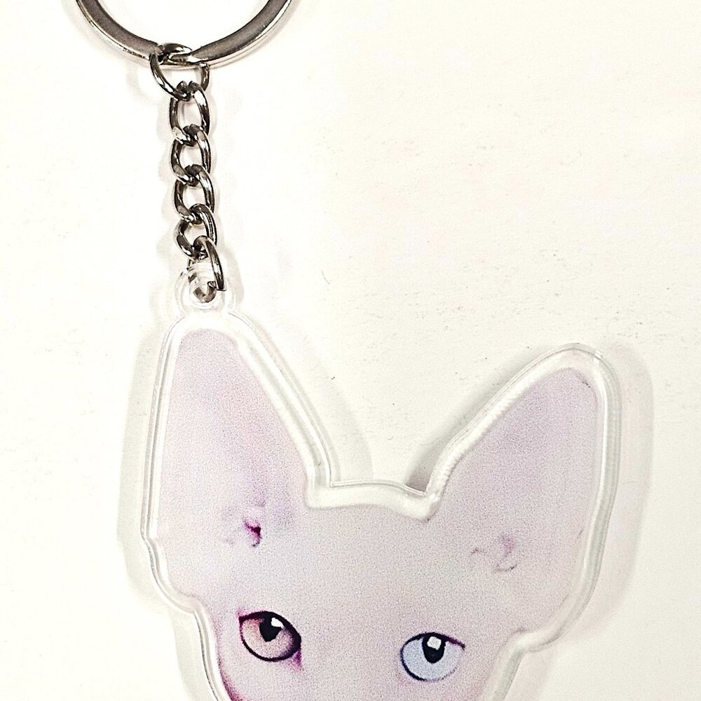 Acrylic Cat Keychain Sphynx Face Heterochromia Eyes Blue & Hazel Cute Pet Lover
